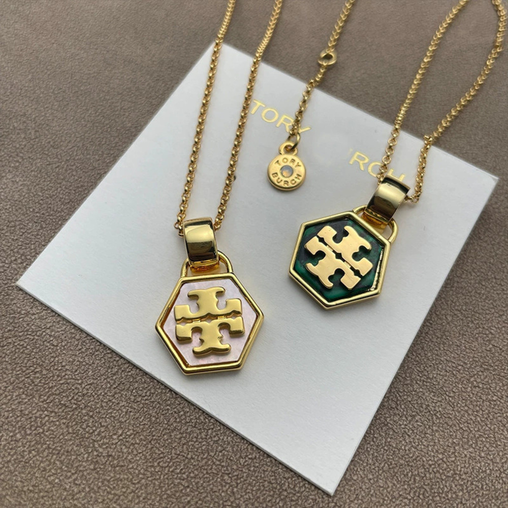 Tory Burch Vintage Gold Plated Double Pendant Hexagon Turquoise Mother of